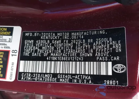 2014 Toyota Avalon Limited z USA, uszkodzony, nr VIN 4T1BK1EB6EU121243